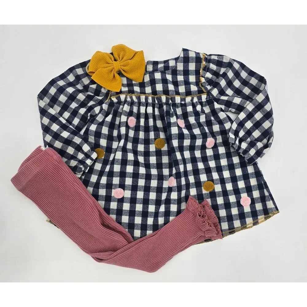 Mud Pie Preppy Southern Gingham Dot Dress Set – 12-18M (Includes Bow & Leggings)